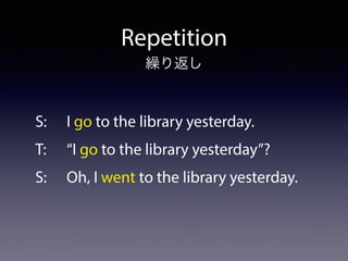 Repetition
S: I go to the library yesterday.
T: “I go to the library yesterday”?
S: Oh, I went to the library yesterday.
繰り返し
 