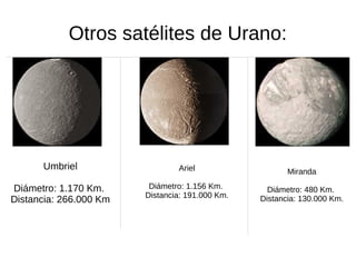 Otros satélites de Urano:




      Umbriel                   Ariel                   Miranda

Diámetro: 1.170 Km.      Diámetro: 1.156 Km.       Diámetro: 480 Km.
                        Distancia: 191.000 Km.
Distancia: 266.000 Km                            Distancia: 130.000 Km.
 