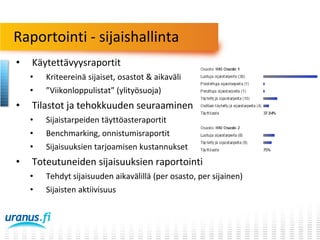 Raportointi - sijaishallinta
•

Käytettävyysraportit
•
•

•

Kriteereinä sijaiset, osastot & aikaväli
”Viikonloppulistat” (ylityösuoja)

Tilastot ja tehokkuuden seuraaminen
•
•

Benchmarking, onnistumisraportit

•

•

Sijaistarpeiden täyttöasteraportit
Sijaisuuksien tarjoamisen kustannukset

Toteutuneiden sijaisuuksien raportointi
•

Tehdyt sijaisuuden aikavälillä (per osasto, per sijainen)

•

Sijaisten aktiivisuus

 