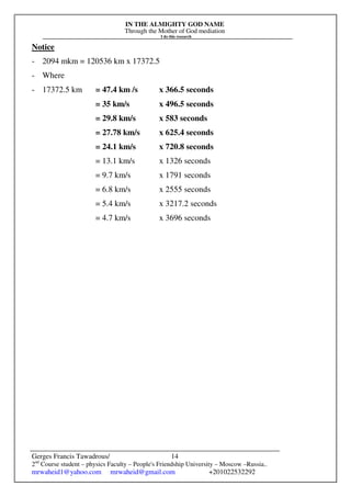 IN THE ALMIGHTY GOD NAME
Through the Mother of God mediation
I do this research
Gerges Francis Tawadrous/
2nd
Course student – physics Faculty – People's Friendship University – Moscow –Russia..
mrwaheid1@yahoo.com mrwaheid@gmail.com +201022532292
14
Notice
- 2094 mkm = 120536 km x 17372.5
- Where
- 17372.5 km = 47.4 km /s x 366.5 seconds
= 35 km/s x 496.5 seconds
= 29.8 km/s x 583 seconds
= 27.78 km/s x 625.4 seconds
= 24.1 km/s x 720.8 seconds
= 13.1 km/s x 1326 seconds
= 9.7 km/s x 1791 seconds
= 6.8 km/s x 2555 seconds
= 5.4 km/s x 3217.2 seconds
= 4.7 km/s x 3696 seconds
 