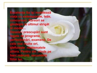 Excelenţa Sa îşi mobilează viaţa cu   extemporale, teze, concursuri. Rareori se gîndeşte la ultimul st r igăt al modei... Desele-i preocupări sunt legate de   programe, perfecţionări, examene. De cele mai multe ori ,  şlefuieşte   nestematele altora. Pentru ele  , vinde pe bani mărunţi ,  secundele fiilor lui. 