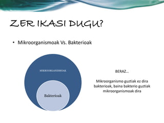 ZER IKASI DUGU? 
• Mikroorganismoak Vs. Bakterioak 
MIKROORGANISMOAK 
Bakterioak 
BERAZ… 
Mikroorganismo guztiak ez dira 
bakterioak, baina bakterio guztiak 
mikroorganismoak dira 
 