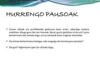 HURRENGO PAUSOAK 
 Uraren zikloak ura purifikatzeko gaitasuna duen arren, zabortegi modura 
erabiltzen ditugu gure ibai zen itsasoak. Beraz, guztiz garbitzen al da ura? Laino 
kontaminatu bat sortuko dugu ura ez zaintzeak duen eraginaz ohartzeko. 
 Eta lainoa kontaminatua badago, nola eragingo dio horrek gure paisaiari? 
 Eta guri? Higienearen gaia ere ukituko dugu. 
 