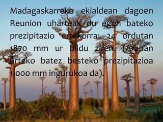 Madagaskarreko ekialdean dagoen
Reunion uharteak du egun bateko
prezipitazio errekorra: 24 ordutan
1870 mm ur bildu ziren. (Araban
urteko batez besteko prezipitazioa
1.000 mm ingurukoa da).
 