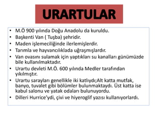 • M.Ö 900 yılında Doğu Anadolu da kuruldu.
• Başkenti Van ( Tuşba) şehridir.
• Maden işlemeciliğinde ilerlemişlerdir.
• Tarımla ve hayvancılıklada uğraşmışlardır.
• Van ovasını sulamak için yaptıkları su kanalları günümüzde
bile kullanılmaktadır.
• Urartu devleti M.Ö. 600 yılında Medler tarafından
yıkılmıştır.
• Urartu sarayları genellikle iki katlıydı;Alt katta mutfak,
banyo, tuvalet gibi bölümler bulunmaktaydı. Üst katta ise
kabul salonu ve yatak odaları bulunuyordu.
• Dilleri Hurrice’ydi, çivi ve hiyeroglif yazısı kullanıyorlardı.
 