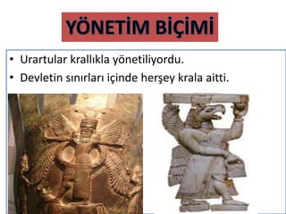 • Urartular krallıkla yönetiliyordu.
• Devletin sınırları içinde herşey krala aitti.
 