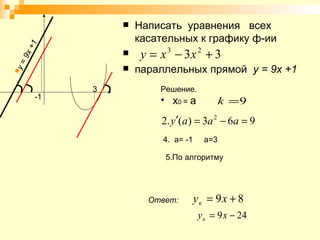 Написать  уравнения  всех касательных к графику ф-ии параллельных прямой  у = 9х +1 -1 3 у = 9х +1 Решение. х 0  =  а  4.  а= -1  а=3 5.По алгоритму Ответ:   