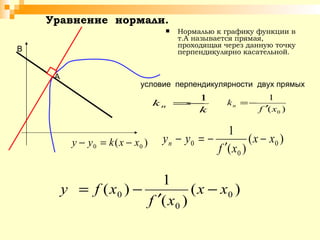 Уравнение  нормали. Нормалью к графику функции в т.А называется прямая, проходящая через данную точку перпендикулярно касательной. А  В условие  перпендикулярности  двух прямых  