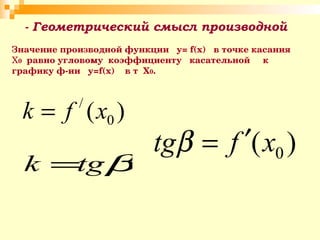 Значение производной функции  y =  f ( x )  в точке касания  Х 0   равно угловому  коэффициенту  касательной  к графику ф-ии  y = f ( x )  в т  Х 0 .  - Геометрический смысл производной 