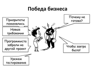 Победа бизнеса
                                 Почему не
Приоритеты                        готово?
поменялись
   Новые
 требования

Программиста
  забрали на                 Чтобы завтра
другой проект                   было!

    Урежем
 тестирование
 