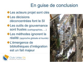 27
Les acteurs projet sont clés
Les décisions
déconcentrées font le SI
Les outils de gouvernance
sont frustes (cartographies, …)
Les méthodes ignorent la
réalité (approche globale et lourde)
L’émergence de
bibliothèques d’intégration
est un fait majeur
En guise de conclusion
 