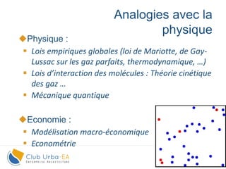 7
Physique :
 Lois empiriques globales (loi de Mariotte, de Gay-
Lussac sur les gaz parfaits, thermodynamique, …)
 Lois d’interaction des molécules : Théorie cinétique
des gaz …
 Mécanique quantique
Economie :
 Modélisation macro-économique
 Econométrie
Analogies avec la
physique
 