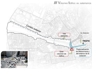 /// Volumen tráfico: av. salamanca

Vial
estrecho

Av. Estación

TRÁFIC
O

Gran
volumen de
tráfico

Peatonalización
de Maisonnave y
del exterior de la
estación

 