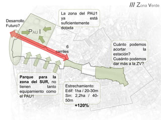 /// Zona verde
La zona del PAU1
ya
está
suficientemente
dotada

Desarrollo
Futuro?

PAU I

Cuánto podemos
acortar
la
estación?
Cuaánto podemos
dar más a la ZV?

6
carriles

Parque para la
zona del SUR, no
tienen
tanto
equipamiento como
el PAU1

Estrechamiento:
Edif: 1ha / 20-30m
Sin: 2,2ha / 4050m

+120%

 