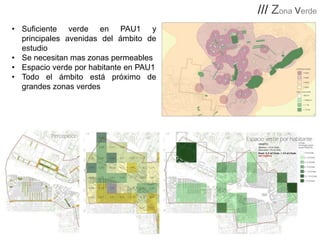 /// Zona verde
• Suficiente verde en PAU1 y
principales avenidas del ámbito de
estudio
• Se necesitan mas zonas permeables
• Espacio verde por habitante en PAU1
• Todo el ámbito está próximo de
grandes zonas verdes

 