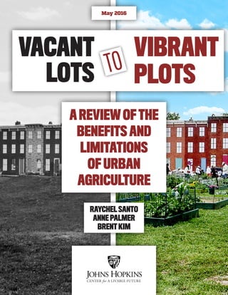 RAYCHEL SANTO
ANNE PALMER
BRENT KIM
May 2016
AREVIEWOFTHE
BENEFITS AND
LIMITATIONS
OF URBAN
AGRICULTURE
TO
VIBRANT
PLOTS
VACANT
LOTS
 
