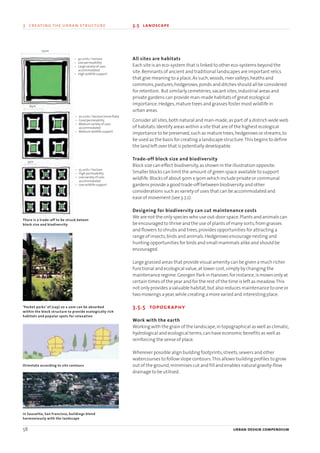 All sites are habitats
Each site is an eco-system that is linked to other eco-systems beyond the
site.Remnants of ancient and traditional landscapes are important relics
that give meaning to a place.As such,woods,river valleys,heaths and
commons,pastures,hedgerows,ponds and ditches should all be considered
for retention. But similarly cemeteries,vacant sites,industrial areas and
private gardens can provide man-made habitats of great ecological
importance.Hedges,mature trees and grasses foster most wildlife in
urban areas.
Consider all sites,both natural and man-made,as part of a district-wide web
of habitats.Identify areas within a site that are of the highest ecological
importance to be preserved,such as mature trees,hedgerows or streams,to
be used as the basis for creating a landscape structure.This begins to define
the land left over that is potentially developable.
Trade-off block size and biodiversity
Block size can effect biodiversity,as shown in the illustration opposite.
Smaller blocks can limit the amount of green space available to support
wildlife.Blocks of about 90m x 90m which include private or communal
gardens provide a good trade-off between biodiversity and other
considerations such as variety of uses that can be accommodated and
ease of movement (see 3.7.2).
Designing for biodiversity can cut maintenance costs
We are not the only species who use out-door space.Plants and animals can
be encouraged to thrive and the use of plants of many sorts,from grasses
and flowers to shrubs and trees,provides opportunities for attracting a
range of insects,birds and animals.Hedgerows encourage nesting and
hunting opportunities for birds and small mammals alike and should be
encouraged.
Large grassed areas that provide visual amenity can be given a much richer
functional and ecological value,at lower cost,simply by changing the
maintenance regime.Georgen Park in Hanover,for instance,is mown only at
certain times of the year and for the rest of the time is left as meadow.This
not only provides a valuable habitat,but also reduces maintenance to one or
two mowings a year,while creating a more varied and interesting place.
3.5.5 topography
Work with the earth
Working with the grain of the landscape,in topographical as well as climatic,
hydrological and ecological terms,can have economic benefits as well as
reinforcing the sense of place.
Wherever possible align building footprints,streets,sewers and other
watercourses to follow slope contours.This allows building profiles to grow
out of the ground,minimises cut and fill and enables natural gravity-flow
drainage to be utilised.
58 urban design compendium
3 creating the urban structure 3.5 landscape
In Sausalito, San Francisco, buildings blend
harmoniously with the landscape
Orientate according to site contours
‘Pocket parks’ of (say) 20 x 20m can be absorbed
within the block structure to provide ecologically rich
habitats and popular spots for relaxation
There is a trade-off to be struck beteen
block size and biodiversity
• 40 units / hectare
• Low permeability
• Large variety of uses
accommodated
• High wildlife support
• 70 units / hectare (more flats)
• Good permeability
• Medium variety of uses
accommodated
• Medium wildlife support
• 55 units / hectare
• High permeability
• Low variety of uses
accommodated
• Low wildlife support
150m
65m
35m
22375H urban design MASTER:22375H urban design MASTER 01/08/2007 10:24 Page 58
 