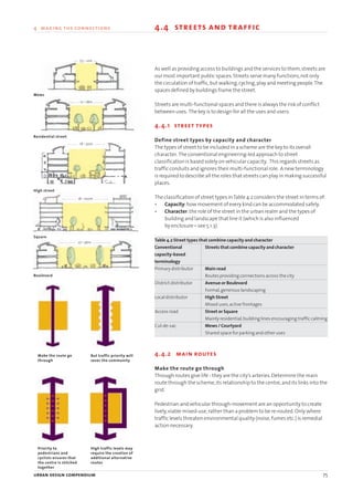 As well as providing access to buildings and the services to them,streets are
our most important public spaces.Streets serve many functions,not only
the circulation of traffic,but walking,cycling,play and meeting people.The
spaces defined by buildings frame the street.
Streets are multi-functional spaces and there is always the risk of conflict
between uses. The key is to design for all the uses and users.
4.4.1 street types
Define street types by capacity and character
The types of street to be included in a scheme are the key to its overall
character. The conventional engineering-led approach to street
classification is based solely on vehicular capacity. This regards streets as
traffic conduits and ignores their multi-functional role. A new terminology
is required to describe all the roles that streets can play in making successful
places.
The classification of street types inTable 4.2 considers the street in terms of:
• Capacity:how movement of every kind can be accommodated safely.
• Character:the role of the street in the urban realm and the types of
building and landscape that line it (which is also influenced
by enclosure – see 5.1.3).
Table 4.2 Street types that combine capacity and character
Conventional Streets that combine capacity and character
capacity-based
terminology
Primary distributor Main road
Routes providing connections across the city
District distributor Avenue or Boulevard
Formal,generous landscaping
Local distributor High Street
Mixed uses,active frontages
Access road Street or Square
Mainly residential,building lines encouraging traffic calming
Cul-de-sac Mews / Courtyard
Shared space for parking and other uses
4.4.2 main routes
Make the route go through
Through routes give life - they are the city’s arteries.Determine the main
route through the scheme,its relationship to the centre,and its links into the
grid.
Pedestrian and vehicular through-movement are an opportunity to create
lively,viable mixed-use,rather than a problem to be re-routed.Only where
traffic levels threaten environmental quality (noise,fumes etc.) is remedial
action necessary.
Make the route go
through
High traffic levels may
require the creation of
additional alternative
routes
Priority to
pedestrians and
cyclists ensures that
the centre is stitched
together
But traffic priority will
sever the community
7.5 – 12m
12 – 18m
18 – 30m
18 – 100m
27 – 36m
Mews
Residential street
High street
Square
Boulevard
urban design compendium 75
4 making the connections 4.4 streets and traffic
22375H urban design MASTER:22375H urban design MASTER 01/08/2007 10:24 Page 75
 