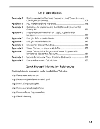 List of Appendices
Appendix A      Declaring a Water Shortage Emergency and Water Shortage
                Contingency Planning ................................................................... 109
Appendix B      PUC Water Rationing Moratoria .................................................... 115
Appendix C      Guidelines for Implementing the California Environmental
                Quality Act ....................................................................................... 121
Appendix D      Supplemental Information on Supply Augmentation
                Measures .......................................................................................... 131
Appendix E      Drought Reference Materials ........................................................ 139
Appendix F      Drought-related Web Site .............................................................. 147
Appendix G      Emergency Drought Funding ........................................................ 153
Appendix H      Water Efﬁcient Landscape Web Sites........................................... 157
Appendix I      Water Conservation Programs for Water Suppliers with
                Unmetered Residential Accounts ................................................. 161
Appendix J      Sample Emergency Water Shortage Ordinance ........................ 165
Appendix K      Example Forms and Calculations ................................................. 185


               Quick Drought Information References
Additional drought information can be found at these Web sites:

http://www.owue.water.ca.gov

http://watersupplyconditions.water.ca.gov/

http://www.usbr.gov/drought/

http://www.usbr.gov/lc/region/scao

http:// www.usbr.gov/mp/watershare

http://www.cuwcc.org




                                                                                                                          13
 