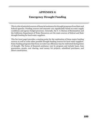 APPENDIX G
                       Emergency Drought Funding


This is a list of potential sources of ﬁnancial assistance for drought programs from State and
federal agencies. Funding sources and amounts vary signiﬁcantly based on water supply
conditions and agency budget processes. Generally, the U. S. Bureau of Reclamation and
the California Department of Water Resources are the main sources of federal and State
drought funding for local water suppliers.

This list (next page) provides a starting point for the exploration of those major funding
sources as well as some other possible drought funding sources for local water suppliers.
Some funding programs that focus on water use efﬁciency may be redirected during times
of drought. The forms of ﬁnancial assistance vary by program and include loans, loan
guarantees, grants, cost sharing, seed money for projects, subsidized purchases, and
direct construction.




                                                                                                 153
 