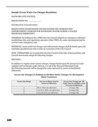Sample Excess Water Use Charges Resolution

      HAYWARD CITY COUNCIL

      RESOLUTION NO. __________

      Introduced by Councilmember

      RESOLUTION ESTABLISHING EXCESS WATER USE CHARGES AND
      ENFORCEMENT CHARGES FOR RATIONING WATER DURING A WATER
      SHORTAGE EMERGENCY

      WHEREAS, by Ordinance No. [TBD] the City Council adopted an emergency ordinance
      establishing rules and regulations operative [Date TBD], for water rationing during the
      current water emergency; and

      WHEREAS, excess water use charges and enforcement charges shall be based upon rate
      schedules speciﬁed from time to time by resolution of the City Council.

      NOW, THEREFORE, be it resolved by the City Council of the City of Hayward that said
      Council does hereby adopt the following charges:

      SECTION 1

      In addition to regular meter service charges, charges based upon the amount of water
      supplied and surcharges under Section 11-2.38 of the Hayward Municipal Code,
      the following amounts will be charged for water delivered in excess of established
      allotments.

         Excess Use Charges In Addition to All Other Water Charges for All Hayward
                                     Water Customers

            Excess Use Range          Percent of Water Used In      Excess Use Charge per 100
                                        Excess of Allotment        Cubic Feet for all Water Used
                                                                      in Excess of Allotment
                    A               0% to 10% over allotment               Charges TBD
                    B               10.01% to 20% over allotment           Charges TBD
                   C                Over 20.01% over allotment             Charges TBD




180
 