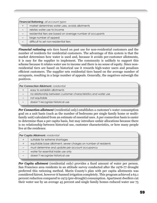 Financial Rationing: all account types
  +     market determines water uses, avoids allotments
  –     relates water use to income
  –     residential tiers are based on average number of occupants
  –     large number of appeal
  –     difﬁcult to set non-residential tiers


Financial rationing sets tiers based on past use for non-residential customers and the
number of residents for residential customers. The advantage of this system is that the
market determines how water is used and, because it avoids per-customer allotments,
it is easy for the supplier to implement. The community is unlikely to support this
scheme because it relates water use to income and there is no sense of equity. Since non-
residential tiers are based on historical use it rewards high-water users and penalizes
efﬁcient customers. The supplier sets residential tiers based on the average number of
occupants, resulting in a large number of appeals. Generally, the negatives outweigh the
positives.

Per Connection Allotment: residential
   +     easy to establish allotments
   –     no relationship between customer characteristics and water use
   –     not equitable
   –     doesn’t recognize historical use


Per Connection allotment (residential only) establishes a customer’s water consumption
goal on a unit basis (such as the number of bedrooms per single family home or multi-
family unit) calculated from an estimate of essential uses. A per connection basis is easier
to determine than a per capita basis, but may introduce unfair allocations because there
is no relationship between historical use, customer characteristics, or how many people
live at the residence.

Per Capita Allotment: residential
   +     suitable for extreme shortages
   +     equitable base allotment, sewer charges on number of residents
   –     must determine and update per account occupancy
   –     water for essential inside use only
   –     doesn’t recognize historical use


Per Capita allotment (residential only) provides a ﬁxed amount of water per person.
San Francisco area residents in an attitude survey conducted after the 1976-77 drought
preferred this rationing method. Marin County’s plan with per capita allotments was
considered fairest, however it banned irrigation completely. This program achieved a 63.1
percent reduction compared to 1975 (pre-drought) consumption. Apartment dwellers cut
their water use by an average 45 percent and single family homes reduced water use 75


                                                                                               59
 
