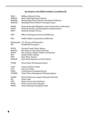 Acronyms and Abbreviations (continued)

    MGD         Million Gallons Per Day
    MMWD        Marin Municipal Water District
    MWDSC       Metropolitan Water District of Southern California
    MWDOC       Municipal Water District of Orange County

    NDMC        National Drought Mitigation Center (University of Nebraska)
    NOAA        National Oceanic and Atmospheric Administration
    NWS         National Weather Service

    OES         Ofﬁce of Emergency Services (California)

    PUC         Public Utilities Commission (California)

    Reclamation U.S. Bureau of Reclamation
    RO          Residential Occupancy

    SCWA        Sonoma County Water Agency
    SDCWA       San Diego County Water Authority
    SFPUC       San Francisco Public Utilities Commission
    SPU         Seattle Public Utilities
    SWP         State Water Project
    SWRCB       State Water Resources Control Board

    TWDB        Texas Water Development Board

    UAW         Unaccounted for Water
    ULF         Ultra Low Flush
    USGS        United States Geological Survey
    UWMPA       Urban Water Management Planning Agency

    WARN        Water/Wastewater Agency Response Network
    WC          Water Code
    WCI         Water Conservation Initiative
    WCM         Water Conservation Manager
    WSCP        Water Shortage Contingency Plan




8
 