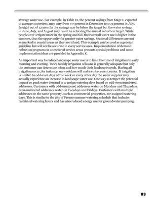 average water use. For example, in Table 12, the percent savings from Stage 1, expected
to average 10 percent, may vary from 7.7 percent in December to 13.3 percent in July.
In eight out of 12 months the savings may be below the target but the water savings
in June, July, and August may result in achieving the annual reduction target. While
people over-irrigate more in the spring and fall, their overall water use is higher in the
summer, thus the opportunity for greater water savings. Seasonal differences are not
as marked in coastal areas as they are inland. This example can be used as a general
guideline but will not be accurate in every service area. Implementation of demand
reduction programs in unmetered service areas presents special problems and some
implementation ideas are provided in Appendix K.

An important way to reduce landscape water use is to limit the time of irrigation to early
morning and evening. Twice weekly irrigation of lawns is generally adequate but only
the customer can determine when and how much their landscape needs. Having all
irrigation occur, for instance, on weekdays will make enforcement easier. If irrigation
is limited to odd-even days of the week or every other day the water supplier may
actually experience an increase in landscape water use. One way to temper the potential
impact on peak water demand is to assign watering days based on odd-even numbered
addresses. Customers with odd-numbered addresses water on Mondays and Thursdays,
even-numbered addresses water on Tuesdays and Fridays. Customers with multiple
addresses on the same property, such as commercial properties, are assigned watering
days. This is similar to the city of Fresno summer watering schedule that includes
restricted watering hours and has also reduced energy use for groundwater pumping.




                                                                                             83
 