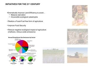 •Dramatically Improve Land Efficiency to avoid…
• Massive starvation
• Irreversible ecological catastrophe
• Realize a Fossil-Fuel free form of agriculture
• Improve Food Security
• Reduce negative ecological impact of agriculture
(methane, nitrous oxide emissions)
INITIATIVES FOR THE 21st
CENTURY
 