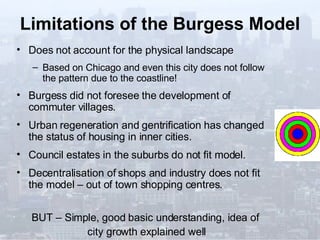 Limitations of the Burgess Model Does not account for the physical landscape Based on Chicago and even this city does not follow the pattern due to the coastline! Burgess did not foresee the development of commuter villages. Urban regeneration and gentrification has changed the status of housing in inner cities. Council estates in the suburbs do not fit model. Decentralisation of shops and industry does not fit the model – out of town shopping centres. BUT – Simple, good basic understanding, idea of  city growth explained well 