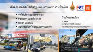 การคมนาคมขนสง
ปจจัยตอการตัดสินใจเลือกรูปแบบการเดินทางภายในเมือง
• การใหบริการขนสงสาธารณะ
• สามารถวางแผนเรื่องเวลา
• สะดวก ปลอดภัย
• เหมาะสมกับคาใชจายและการครองชีพ
https://en.wiktionary.org/wiki/%E0%B8%AA%E0%B8
%AD%E0%B8%87%E0%B9%81%E0%B8%96%E0%B8%
A7#/media/File:Songthaew_in_Sri_Racha_09.jpg
https://www.mangozero.com/bts-gold/
https://www.home.co.th/living/topicoldest-hanging-electric-
suspention-railway-in-the-world-120-years-old-54254
การลงทุน
มาตรฐานการกอสรางและดูแล
เงื่อนไขแตละเมือง
 