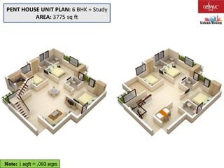Note: 1 sqft = .093 sqm
PENT HOUSE UNIT PLAN: 6 BHK + Study
AREA: 3775 sq ft
 