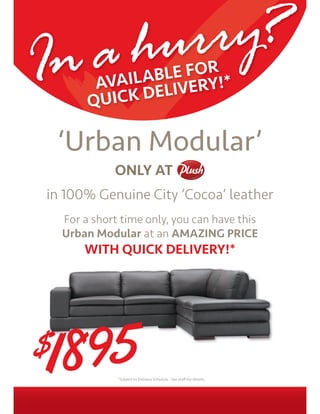 In ah ur ry?       LE FOR *
          AVAILABLIVERY!
         QU ICK DE

    ‘Urban Modular’
in 100% Genuine City ‘Cocoa’ leather
    For a short time only, you can have this
    Urban Modular at an AMAZING PRICE
        WITH QUICK DELIVERY!*




1
$ 8 95
 