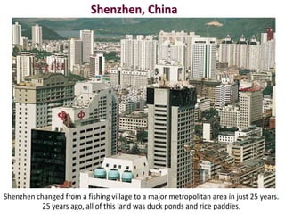 Shenzhen, China




Shenzhen changed from a fishing village to a major metropolitan area in just 25 years.
          25 years ago, all of this land was duck ponds and rice paddies.
 