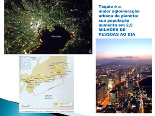 Tóquio é a
maior aglomeração
urbana do planeta:
sua população
aumenta em 2,5
MILHÕES DE
PESSOAS AO DIA
 