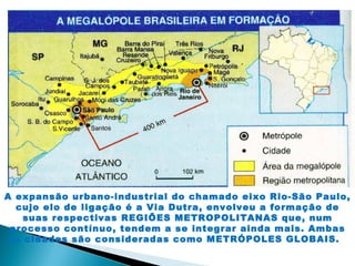 A expansão urbano-industrial do chamado eixo Rio-São Paulo,
  cujo elo de ligação é a Via Dutra, envolveu a formação de
    suas respectivas REGIÕES METROPOLITANAS que, num
 processo contínuo, tendem a se integrar ainda mais. Ambas
 as cidades são consideradas como METRÓPOLES GLOBAIS.
 