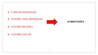 ● CAPITAIS REGIONAIS
● CENTRO SUB- REGIONAIS
● CENTRO DE ZONA
● CENTRO LOCAIS
10
SUBDIVISÕES
 