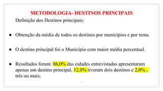 METODOLOGIA- DESTINOS PRINCIPAIS
Definição dos Destinos principais:
● Obtenção da média de todos os destinos por municípios e por tema.
● O destino principal foi o Município com maior média percentual.
● Resultados foram: 86,0% das cidades entrevistadas apresentaram
apenas um destino principal, 12,0% tiveram dois destinos e 2,0% ,
três ou mais;
19
 