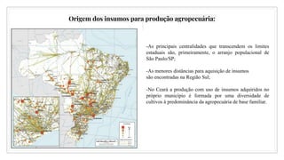 Origem dos insumos para produção agropecuária:
-As principais centralidades que transcendem os limites
estaduais são, primeiramente, o arranjo populacional de
São Paulo/SP;
-As menores distâncias para aquisição de insumos
são encontradas na Região Sul;
-No Ceará a produção com uso de insumos adquiridos no
próprio município é formada por uma diversidade de
cultivos à predominância da agropecuária de base familiar.
 