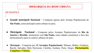 METROPÓLE
● Grande metrópole Nacional - Composta apenas pelo Arranjo Populacional de
São Paulo, como principal centro urbano no país;
● Metrópole Nacional - Composta pelos Arranjos Populacionais do Rio de
Janeiro e Brasília. Juntamente com São Paulo, estas cidades constituem o foco dos
deslocamentos para os centros urbanos do país;
● Metrópole - Composta por 12 Arranjos Populacionais: Manaus, Belém, Fortaleza,
Recife, Salvador, Belo Horizonte, Curitiba, Goiânia, Porto Alegre, Florianópolis,
Campinas e Vitória;
8
HIERARQUIA DA REDE URBANA
 