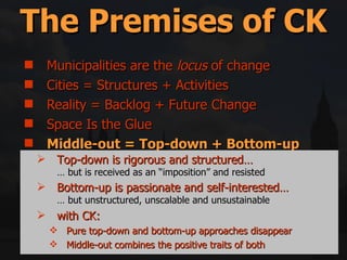 Municipalities are the  locus  of change Cities = Structures + Activities Reality = Backlog + Future Change Space Is the Glue Middle-out = Top-down + Bottom-up Government only has 5 (or so) tools for implementation The Premises of CK Top-down is rigorous and structured… … but is received as an “imposition” and resisted Bottom-up is passionate and self-interested… … but unstructured, unscalable and unsustainable with CK: Pure top-down and bottom-up approaches disappear Middle-out combines the positive traits of both 