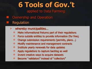 Ownership and Operation Regulation Incentives/Disincentives Education and Information Right swapping Mitigation and Compensation 6 Tools of Gov.’t applied to Data Farming whereby municipalities… Make informational Returns part of their regulations Force outside entities to provide information (for free) Change submission requirements (permits, plans…) Modify maintenance and management contracts Institute yearly renewals for data updates Apply regulations to capture backlog as well Invent creative ways to acquire datasets Become “validators” instead of “collectors” 