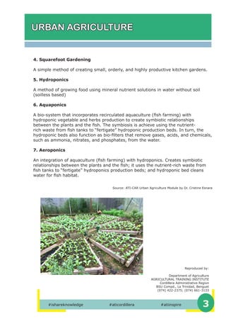 #ishareknowledge		 #aticordillera		 #atiinspire 3
URBAN AGRICULTURE
Reproduced by:
Department of Agriculture
AGRICULTURAL TRAINING INSTITUTE
Cordillera Administrative Region
BSU Compd., La Trinidad, Benguet
(074) 422-2375; (074) 661-3133
4. Squarefoot Gardening
A simple method of creating small, orderly, and highly productive kitchen gardens.
5. Hydroponics
A method of growing food using mineral nutrient solutions in water without soil
(soilless based)
6. Aquaponics
A bio-system that incorporates recirculated aquaculture (ﬁsh farming) with
hydroponic vegetable and herbs production to create symbiotic relationships
between the plants and the ﬁsh. The symbiosis is achieve using the nutrient-
rich waste from ﬁsh tanks to “fertigate” hydroponic production beds. In turn, the
hydroponic beds also function as bio-ﬁlters that remove gases, acids, and chemicals,
such as ammonia, nitrates, and phosphates, from the water.
7. Aeroponics
An integration of aquaculture (ﬁsh farming) with hydroponics. Creates symbiotic
relationships between the plants and the ﬁsh; it uses the nutrient-rich waste from
ﬁsh tanks to “fertigate” hydroponics production beds; and hydroponic bed cleans
water for ﬁsh habitat.
Source: ATI-CAR Urban Agriculture Module by Dr. Cristine Esnara
 