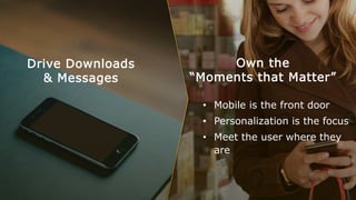 11 © Urban Airship. Confidential. Do Not Distribute.
Drive Downloads
& Messages
• Mobile is the front door
• Personalization is the focus
• Meet the user where they
are
Own the
“Moments that Matter”
 