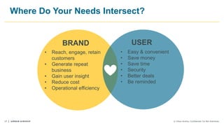 17 © Urban Airship. Confidential. Do Not Distribute.
Where Do Your Needs Intersect?
USERBRAND
• Reach, engage, retain
customers
• Generate repeat
business
• Gain user insight
• Reduce cost
• Operational efficiency
• Easy & convenient
• Save money
• Save time
• Security
• Better deals
• Be reminded
 