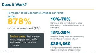 34 © Urban Airship. Confidential. Do Not Distribute.
Does It Work?
878%
return on investment (ROI)
10%-70%
Increase in one-day mCommerce sales
from a product promoted through a push
notification.
15%-30%
Increase in average spend per customer due to
mobile influence on purchase behavior.
$351,660
Savings in email marketing spend and
reducing the number of app updates.
Forrester Total Economic Impact confirms
value:
Topline value: An increase
in app engagement, traffic
and sales driven to other
channels.
 