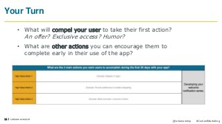 14
@urbanairship #ContentMarketing
Your Turn
• What will compel your user to take their first action?
An offer? Exclusive access? Humor?
• What are other actions you can encourage them to
complete early in their use of the app?
 