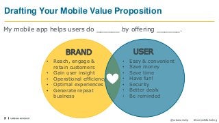 7
@urbanairship #ContentMarketing
Drafting Your Mobile Value Proposition
USERBRAND
• Reach, engage &
retain customers
• Gain user insight
• Operational efficiency
• Optimal experiences
• Generate repeat
business
• Easy & convenient
• Save money
• Save time
• Have fun!
• Security
• Better deals
• Be reminded
My mobile app helps users do ______ by offering ______.
 