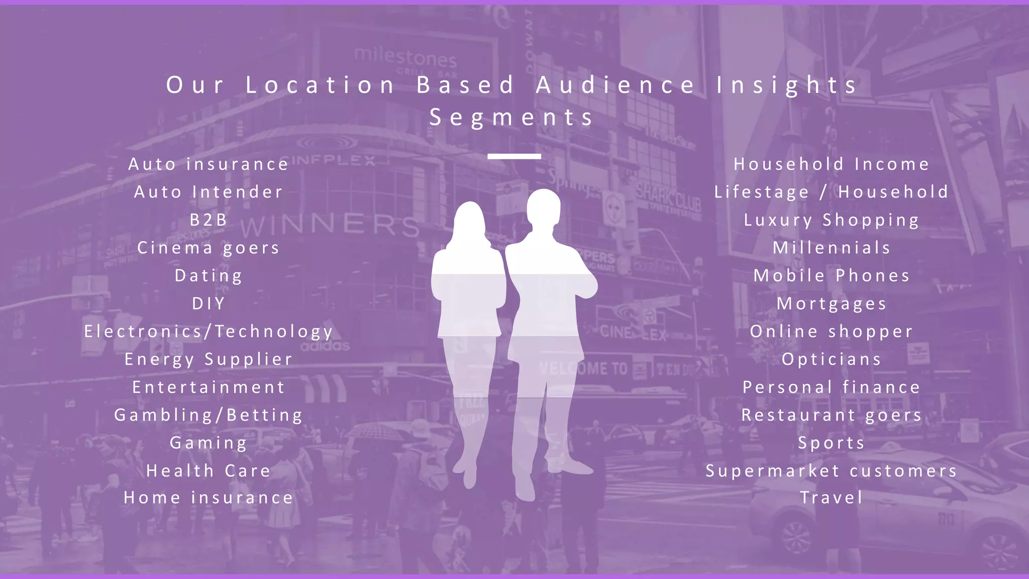 O u r L o c a t i o n B a s e d A u d i e n c e I n s i g h t s
S e g m e n t s
A u t o i n s u ra n c e
A u t o I n t e n d e r
B 2 B
C i n e m a g o e rs
D a t i n g
D I Y
E l e c t ro n i c s / Te c h n o l o g y
E n e r g y S u p p l i e r
E n t e r t a i n m e n t
G a m b l i n g / B e t t i n g
G a m i n g
H e a l t h C a r e
H o m e i n s u ra n c e
H o u s e h o l d I n c o m e
L i fe s t a g e / H o u s e h o l d
L u x u r y S h o p p i n g
M i l l e n n i a l s
M o b i l e P h o n e s
M o r t ga g e s
O n l i n e s h o p p e r
O p t i c i a n s
Pe rs o n a l f i n a n c e
Re s t a u ra n t g o e rs
S p o r t s
S u p e r m a r ke t c u s t o m e rs
Trav e l
 