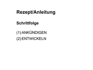 Rezept/Anleitung 
Schrittfolge 
(1) ANKÜNDIGEN 
(2) ENTWICKELN 
 